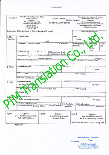 รับแปลสูติบัตร รับแปลใบเกิด รับจ้างแปลสูติ ติดต่อ PIM Translation